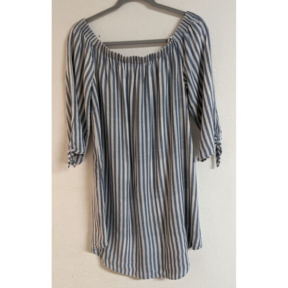 Women's Cloth & Stone Blue & White Striped Off Shoulder Viscose Blend Dress L - Picture 2 of 8